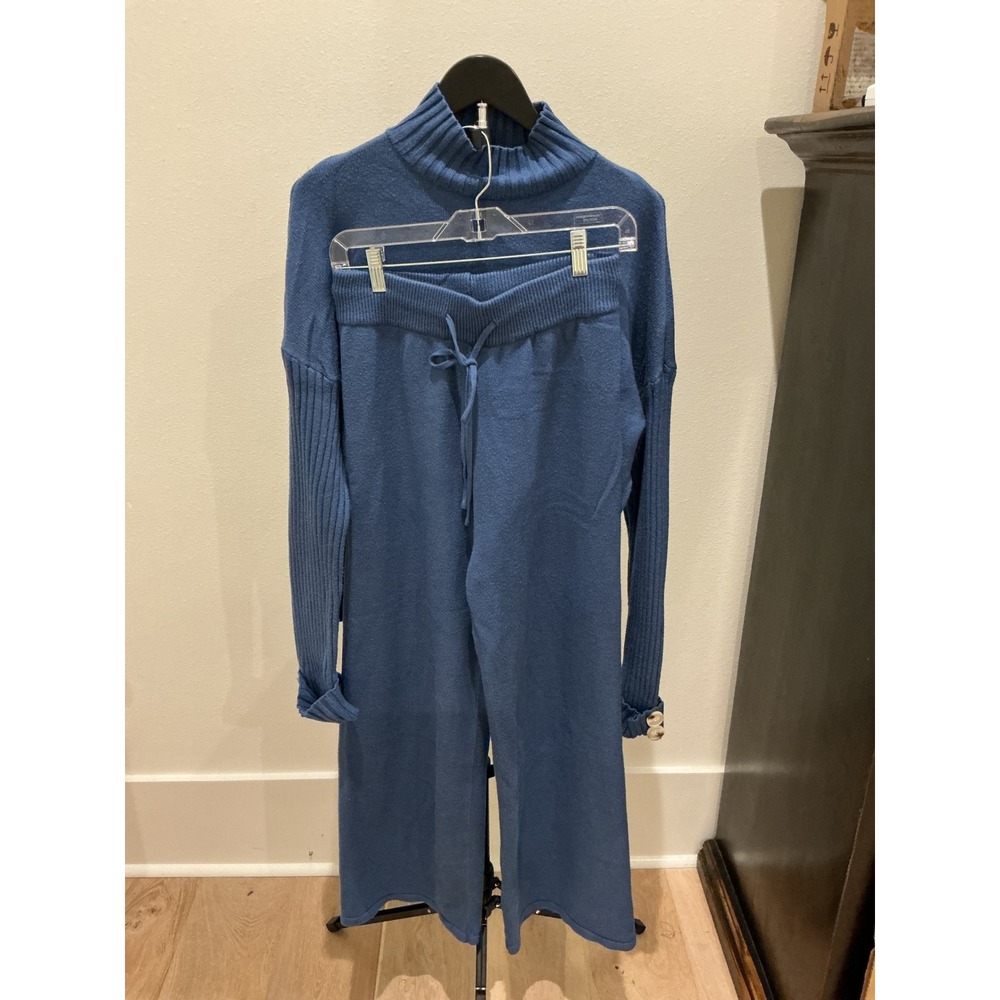 Caracilia Blue Sweater Set Mock Neck Ribbed Button Cuff Top Wide Leg Pants M